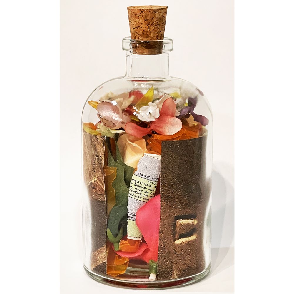 <br/>Monterey Praetorian back, 10/10/2025<br/>Apx 6½" x 3" x 3"<br/>glass, paper, ink, cork, plastic and cloth